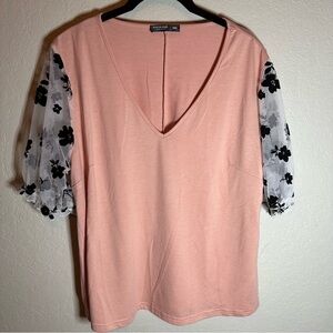 SHEIN Pink V-Neck Blouse with Black Floral Sleeves